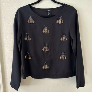 H&M Black Top w/ Beaded Bees Size 6